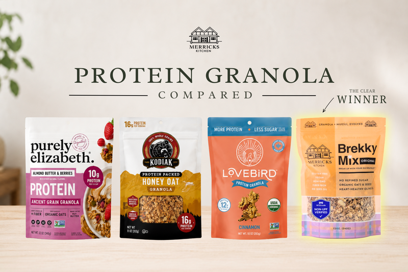 Protein granola compared: Purely Elizabeth, Kodiak, Lovebird, and Brekky Mix Original lined up side by side