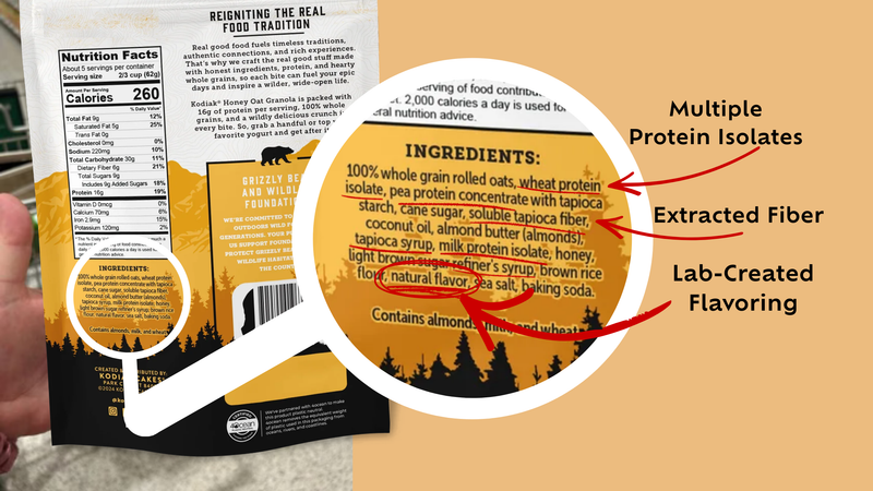 Close-up of a food package with highlighted ingredients and labels on an orange background