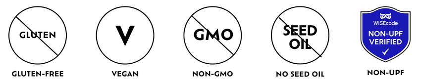 Set of food allergy and dietary label icons showing gluten-free, vegan, non-GMO, no seed oil and non-UPF verified by WISEcode
