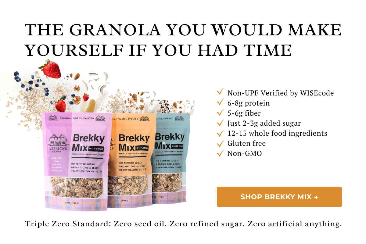 Three packages of healthy, Non UPF Verified Brekky Mix granola with product details on a white background