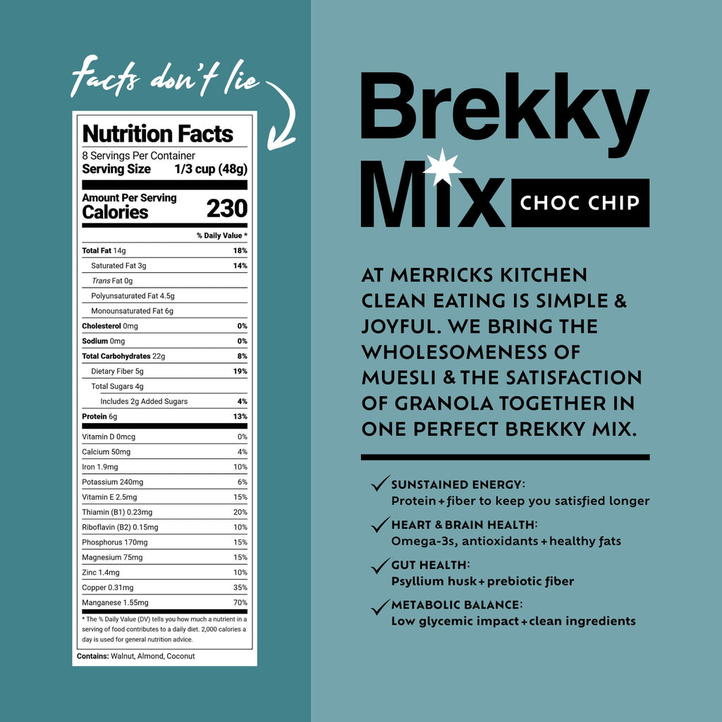 Brekky Mix Choc Chip - nutrition facts for healthiest low sugar chocolate granola by Merricks Kitchen