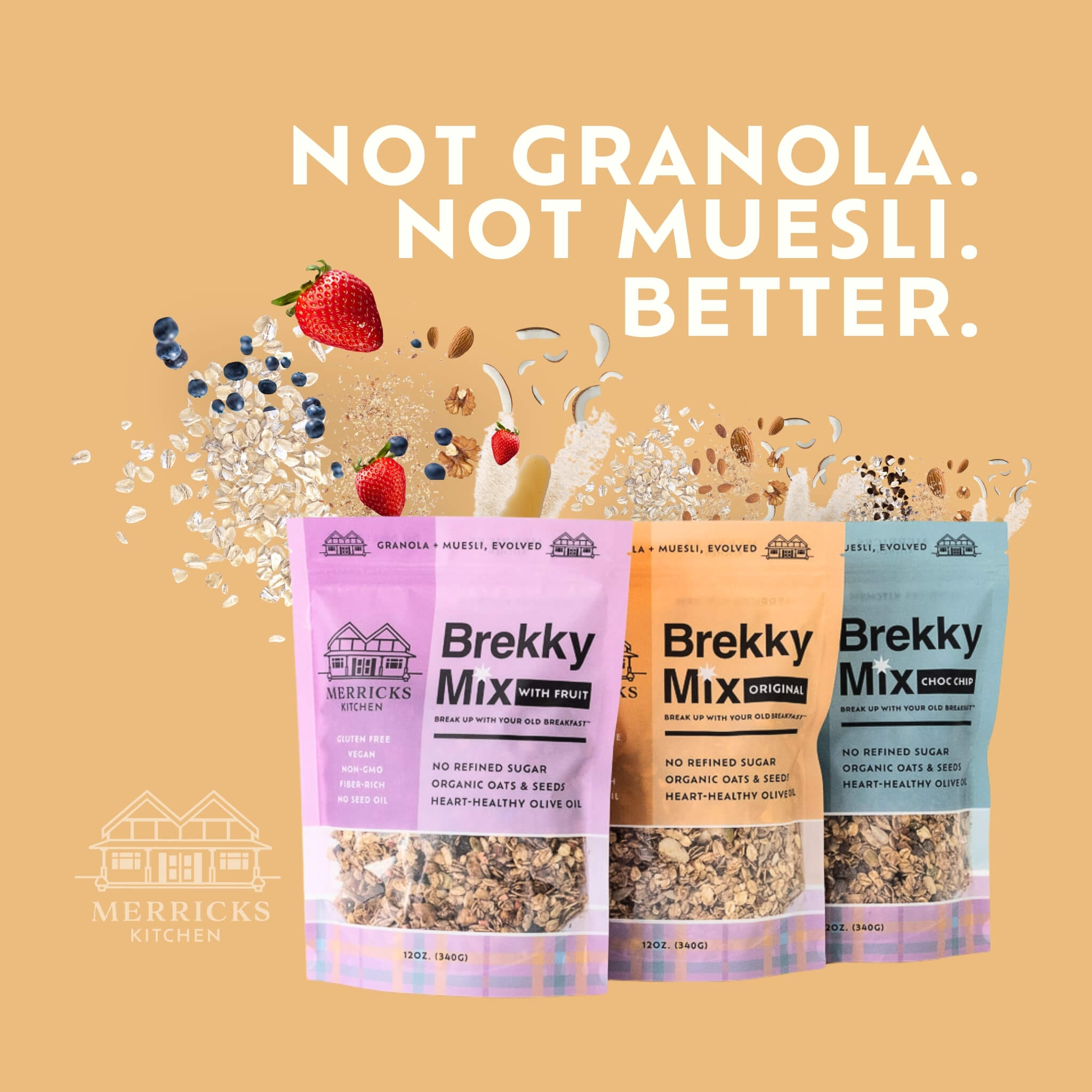 Three packages of Merricks Kitchen Brekky Mix on a beige background with text 'Not Granola. Not Muesli. Better.'