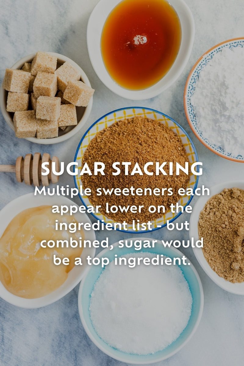 Sugar stacking in granola showing how brands hide added sugar with multiple sweeteners