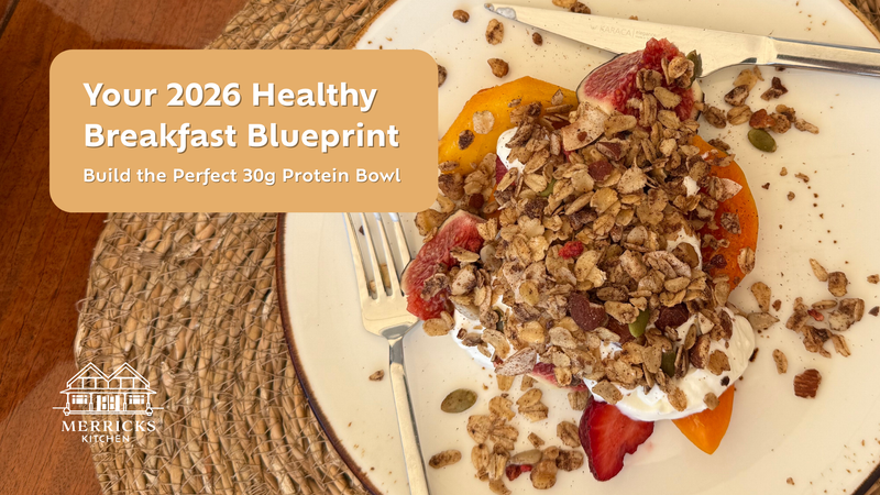Perfect 30g protein breakfast bowl with healthiest granola, Greek yogurt, and fresh fruit for sustained energy with text about a 2026 healthy breakfast blueprint