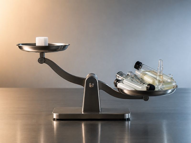 A balance scale with a single sugar cube on one side and a tray of glass vials and capsules filled with pale synthetic liquid on the other, the vials outweighing the sugar cube.